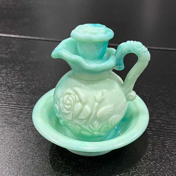 Avon Vintage Teal Oil Pitcher with Stopper and Bowl Set - Picture 2 of 10